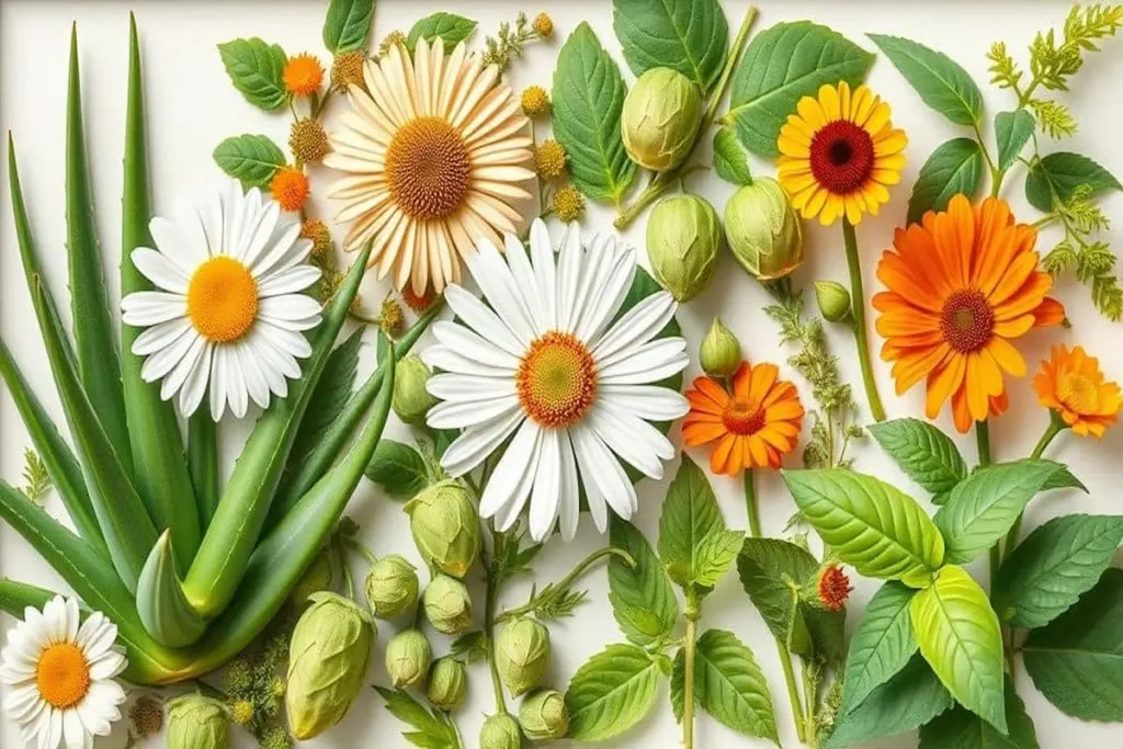 A collection of traditional medicinal plants and herbs including Aloe Vera, chamomile, and mint leaves, used in natural healing across India and Asia.