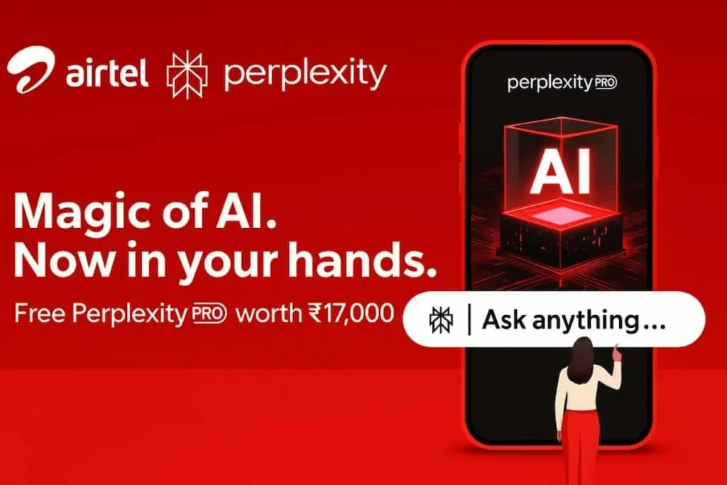 airtel-free-perplexity-pro-offer-17000 Airtel and Perplexity Pro offer banner announcing free subscription worth ₹17,000 with a search bar showing "Ask anything..." on a smartphone screen