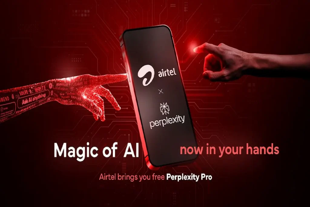 Airtel and Perplexity Pro partnership banner showing a smartphone with both logos and "Magic of AI now in your hands" text against a red digital background.